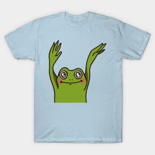 groovy frog with hands in the air and glistening eyes T-Shirt